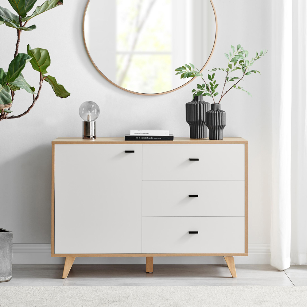 Furniturebox Billet Single Door 3 Drawer Off White and Wood Effect Medium Sideboard Image 6
