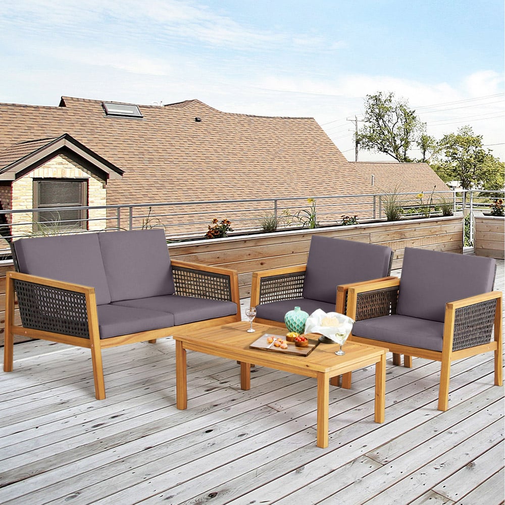Costway 4 Seater Grey Patio Acacia Wood Furniture Set Image 3