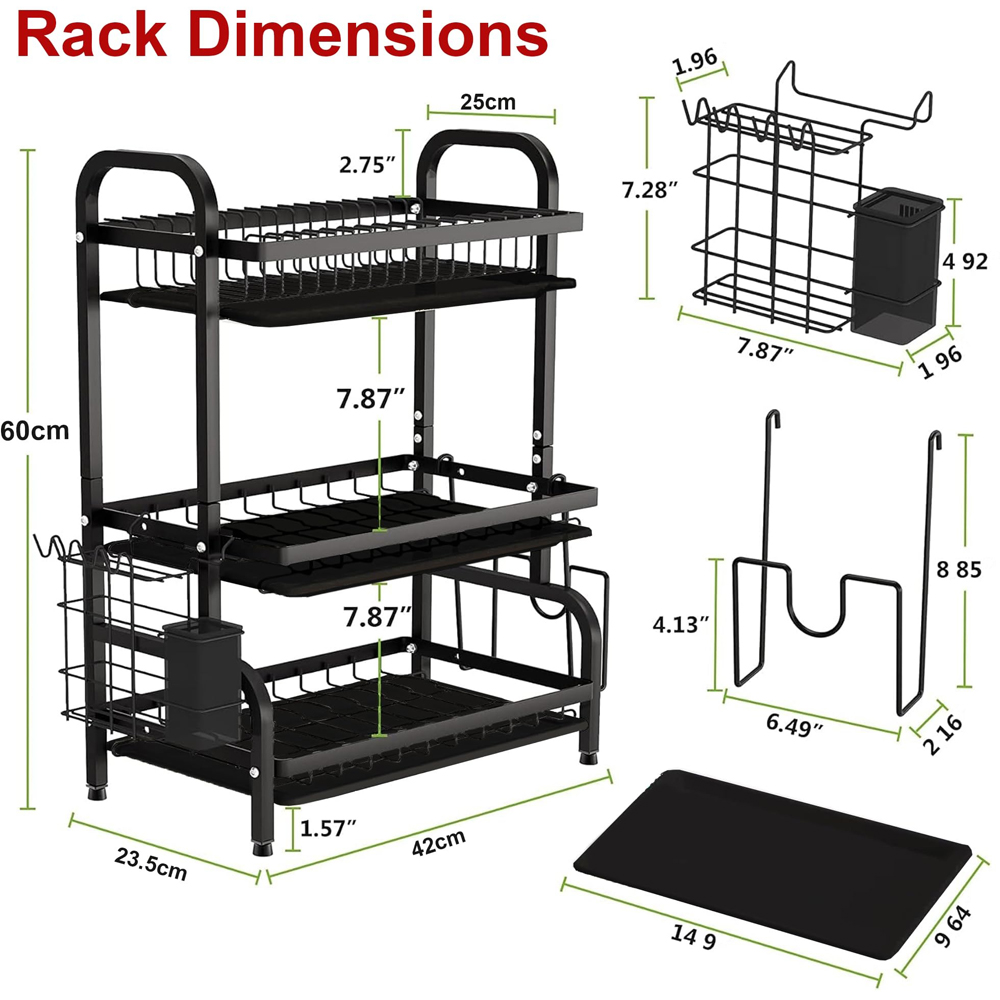 ATEK 3-Tier Black Dish Drying Rack with Drip Trays Cutlery and Chopping Board Holder Image 8