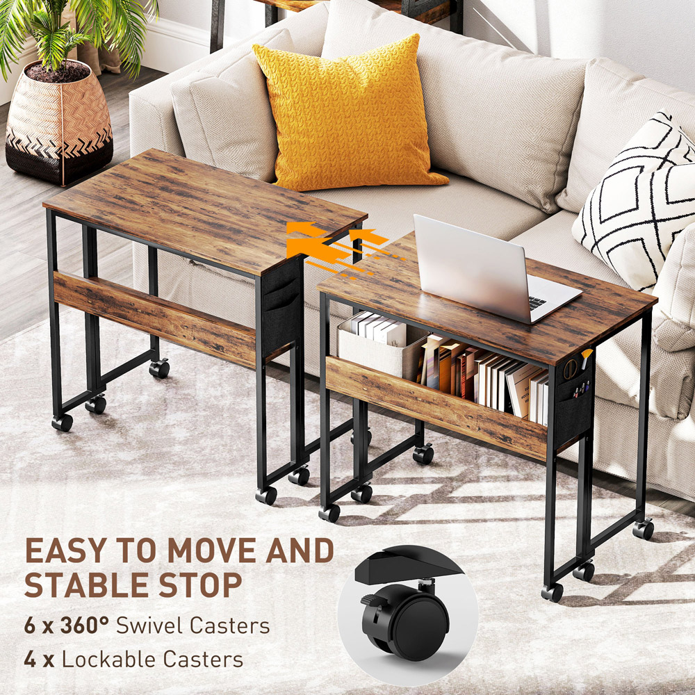 HOMCOM Single Shelf Foldable Computer Desk with Wheels and Side Bag Rustic Brown Image 6