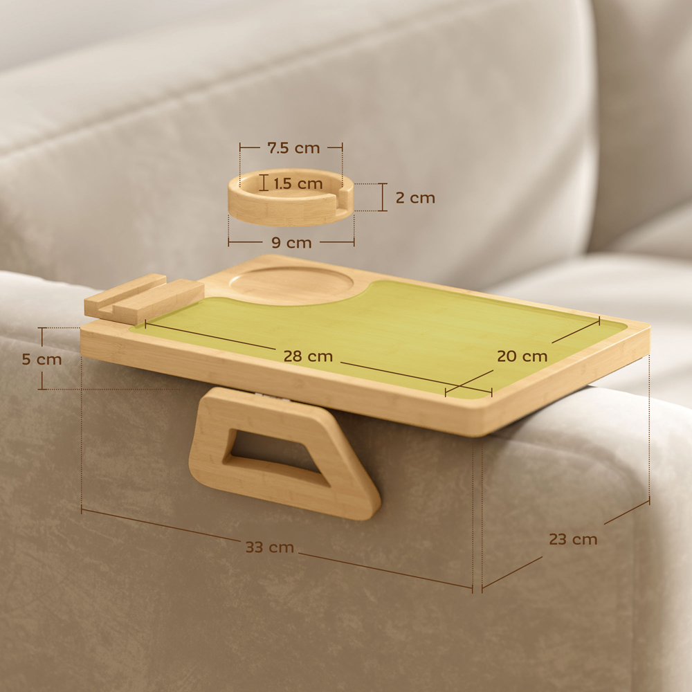 HOMCOM Natural Anti-Slip Sofa Armrest Tray with Phone and Cup Holder Image 9