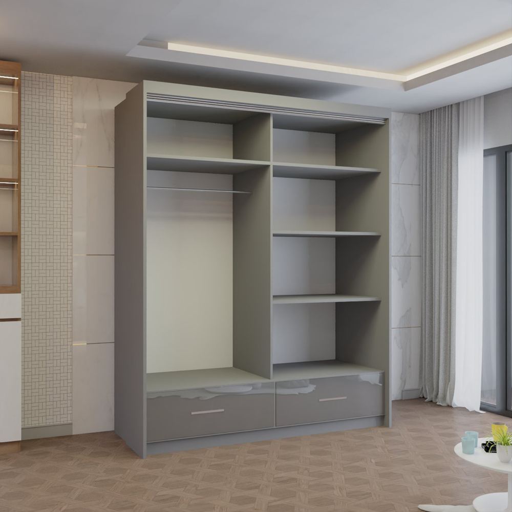 M N Furniture Seliyaa 2 Door 2 Drawer Grey High Gloss Sliding Door Wardrobe 150cm Image 3