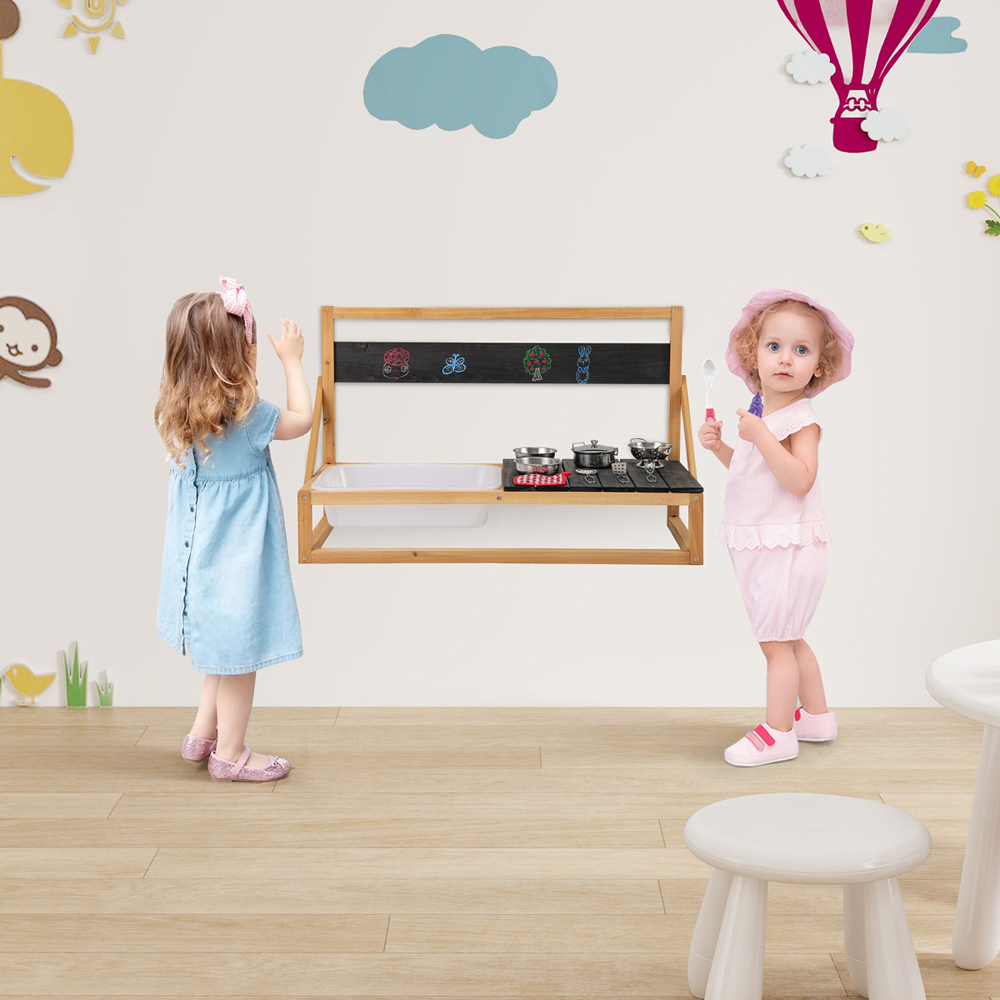 Costway Kids Natural Fir Wood Kitchen Play Set with Hanging Hooks and Blackboard Image 4