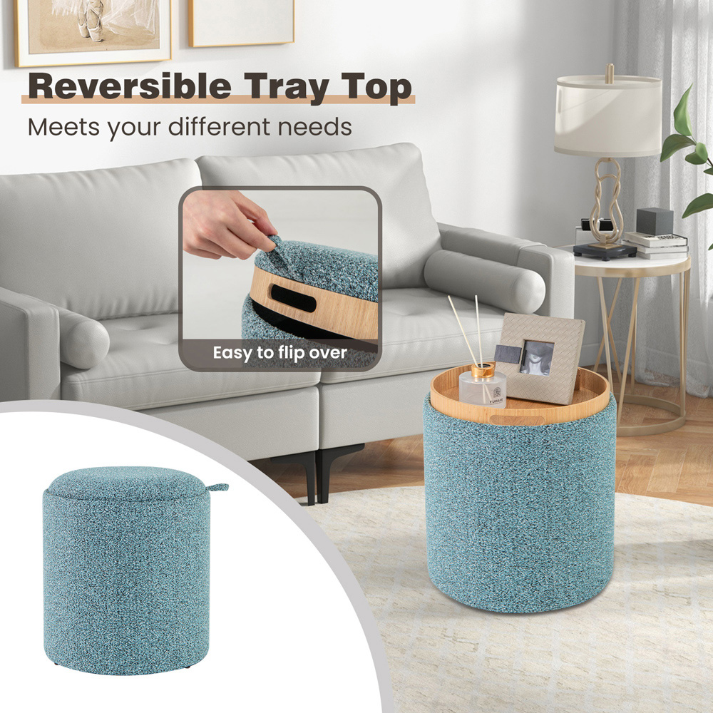 Costway Blue Upholstered Storage Round Ottoman with Reversible Tray Set of 2 Image 6