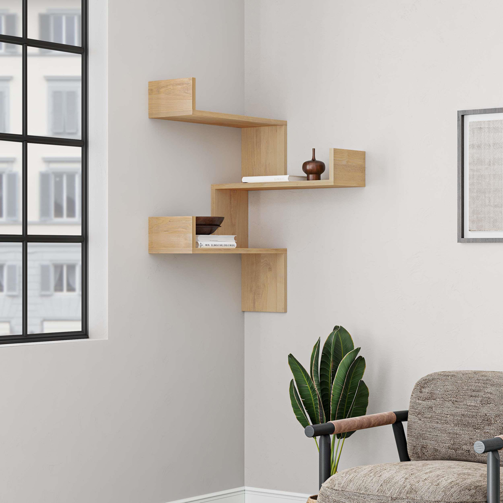 Decortie Luksa 3 Shelf Oak Modern Corner Wall Mounted Bookcase Image 4