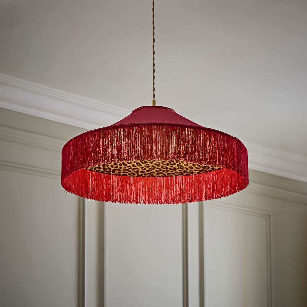 ValueLights Nicole Burgundy Velvet Taper Pendant Lamp Shade with Leopard Print Inner and Fringe Trim Image 6
