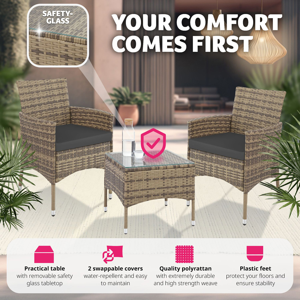 tectake Lucerne 2 Seater Rattan Garden Bistro Set Natural Image 4