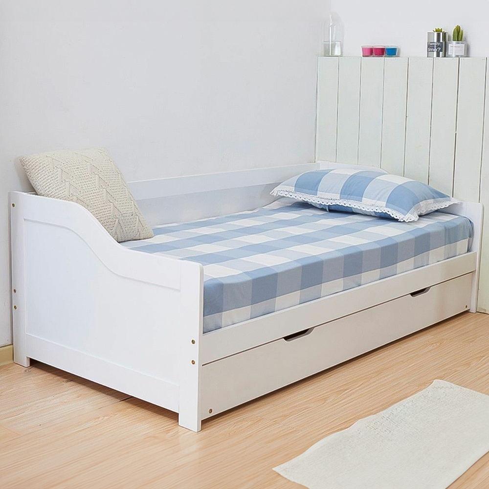 Portland Single White Wooden Day Bed with Trundle and 2 Mattress Image 1