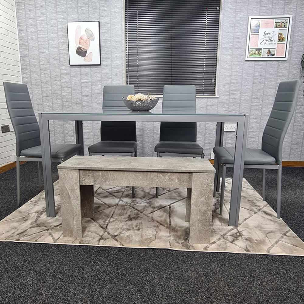 Portland Leather 6 Seater Dining Set with Bench Grey Image 1