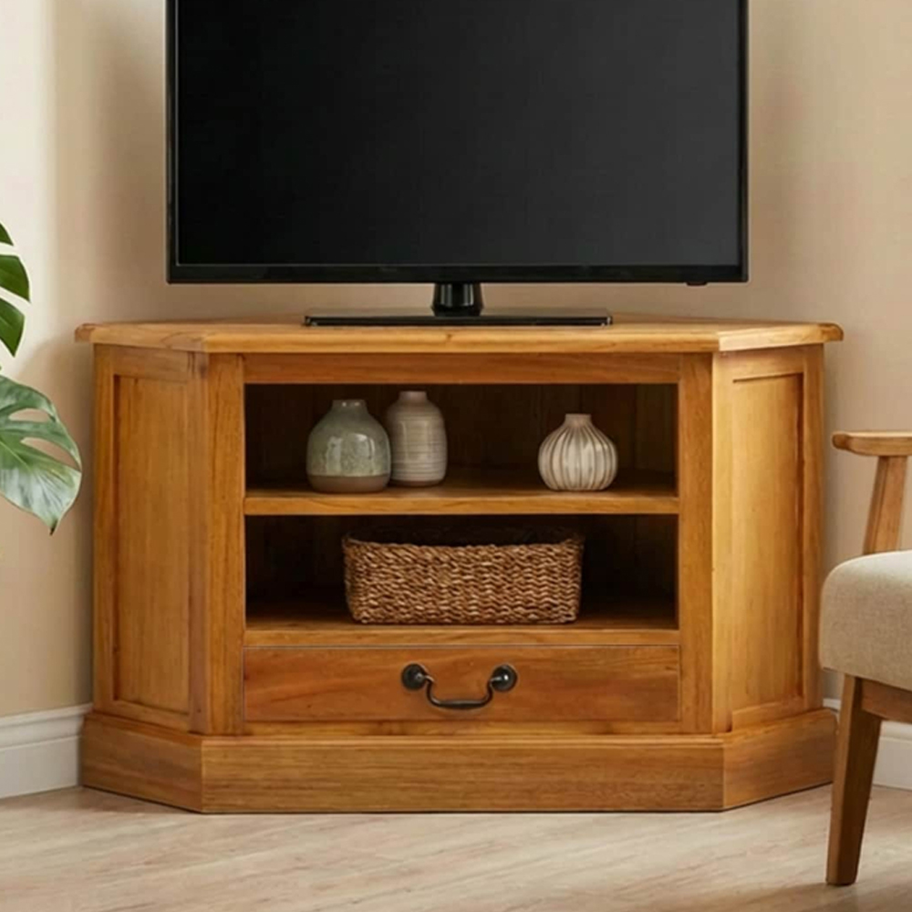 vidaXL Single Drawer 2 Shelf Natural Solid Mahogany Wood Corner TV Cabinet Image 1