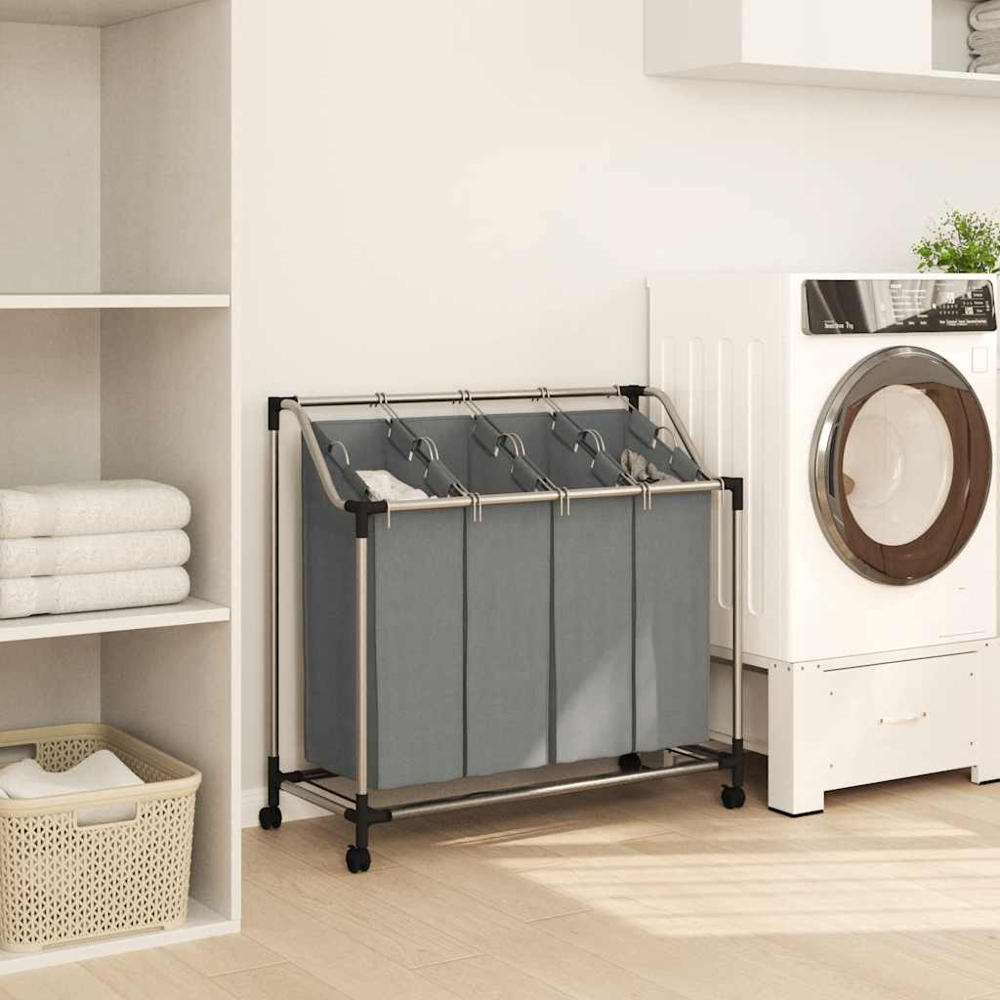 vidaXL 4 Compartment Grey Laundry Basket with Wheels 96 x 40 x 92cm Image 2