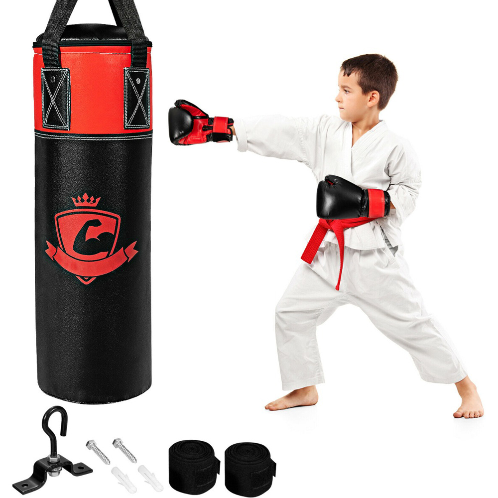 Costway Black Kids Punch Bag with Hand Wraps and Wall Bracket Image 2