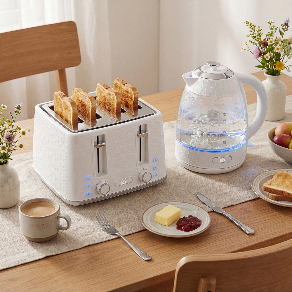 HOMCOM Cream 1.7L Fast Boil Kettle and 4 Slice Toaster Set Image 2