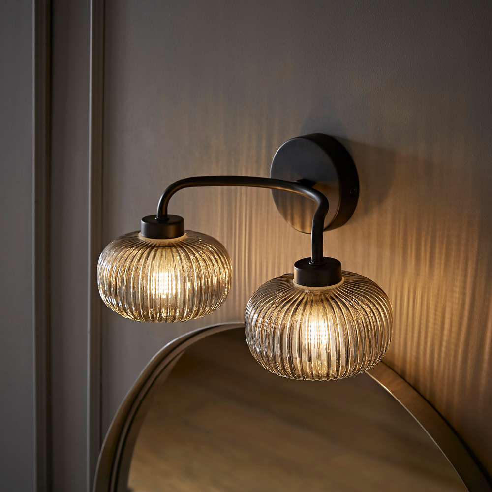 ValueLights Amaia Matt Black 2 Way Smoked Ribbed Glass LED Wall Light Image 2