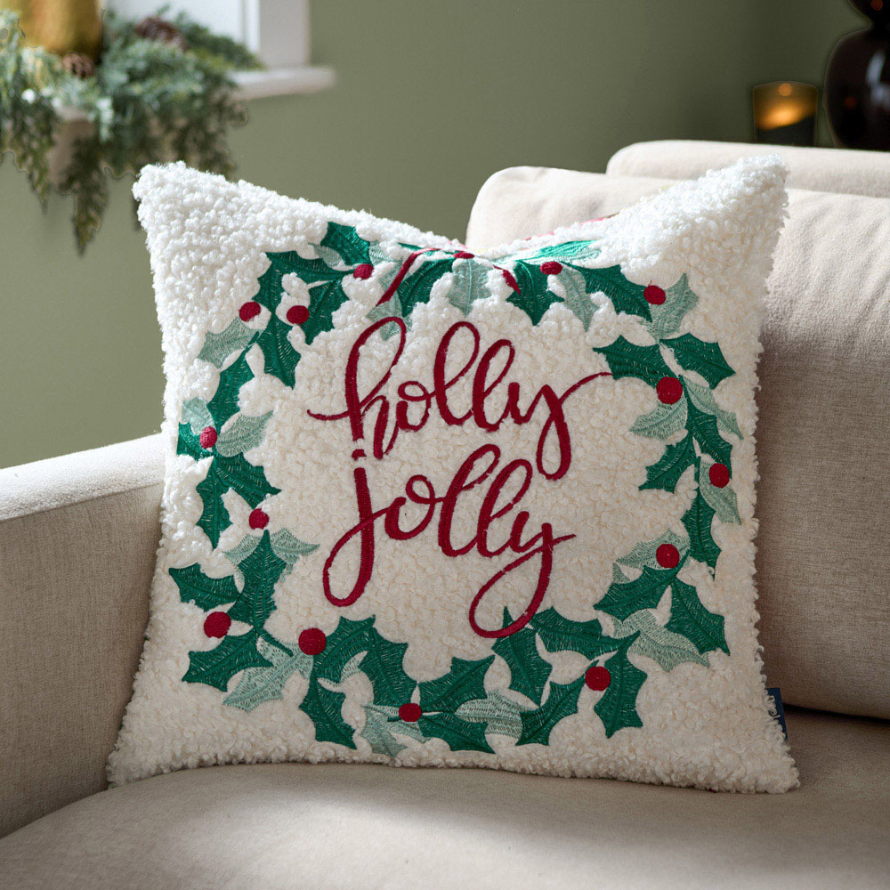 Furn Holly Wreath Embroidered Boucle Reversible Cushion 45 x 45cm Image 2