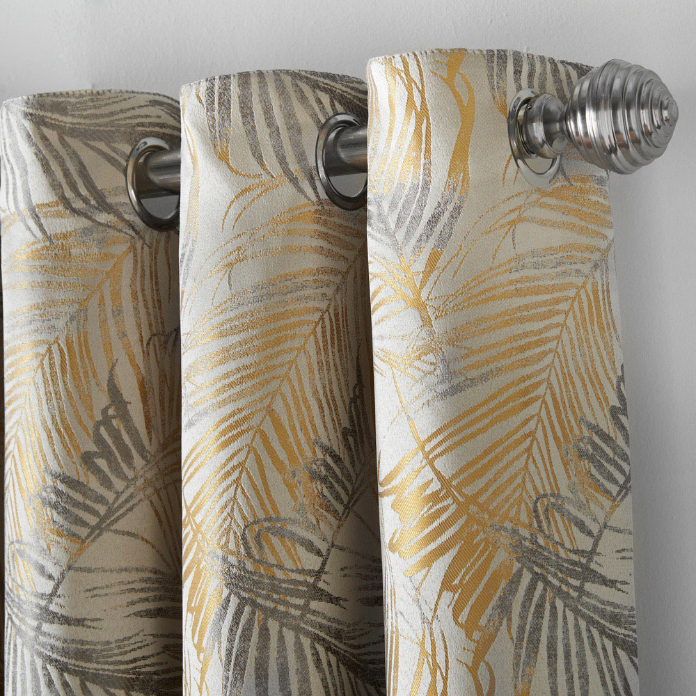 Alan Symonds Dupion Ochre Fern Jacquard Ring Top Eyelet Curtains 117 x 229cm Image 3