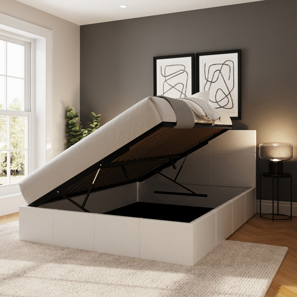 GFW King Size White Faux Leather Side Lift Ottoman Bed with Bonnell Mattress Image 9