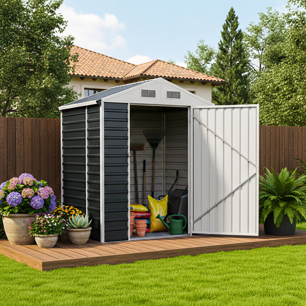 Living and Home 6 x 4ft Anthracite and White Metal Apex Garden Tool Storage Shed Image 2