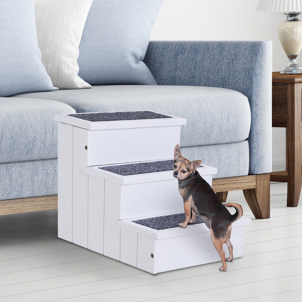PawHut White 3 Step Wooden Dog Steps Pet Stairs with Storage Image 2