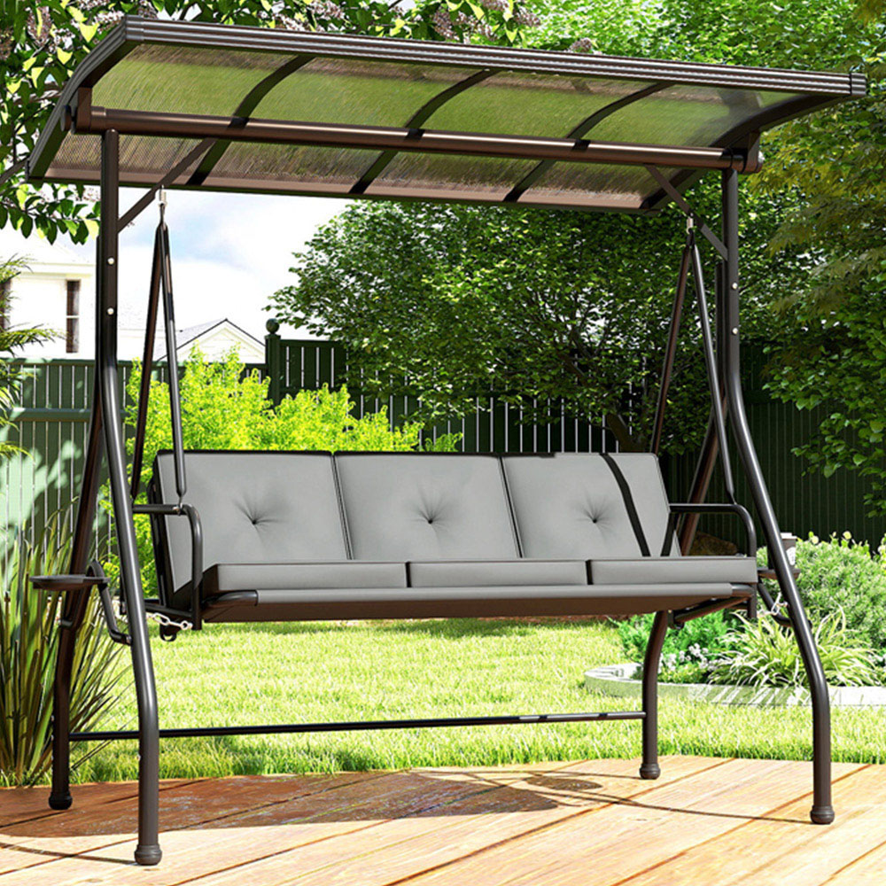 Outsunny 3 Seater Dark Grey Adjustable Canopy Convertible Garden Swing Bed Image 1