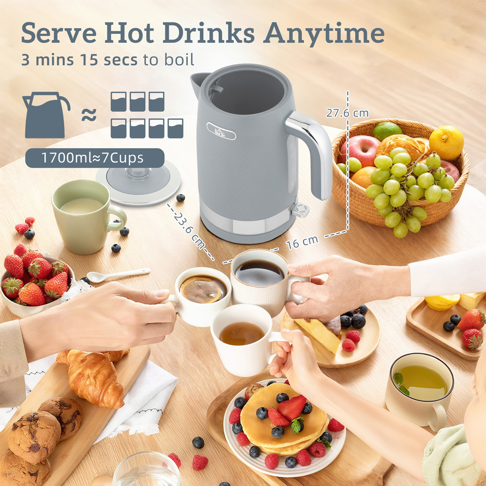 HOMCOM 800-288V70GY Grey 1.7L Kettle and 4 Slice Toaster Set with Rapid Boil 3000W Image 4