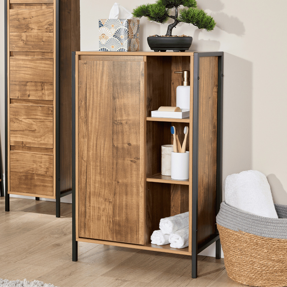 Home Source Locastra Single Door 3 Shelf Oak and Black Bathroom Floor Cabinet Image 7
