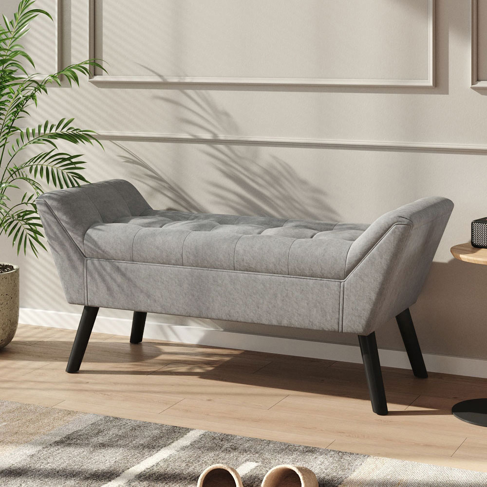 Living and Home Grey Modern Soft Velvet Buttoned Armed Bench Image 3