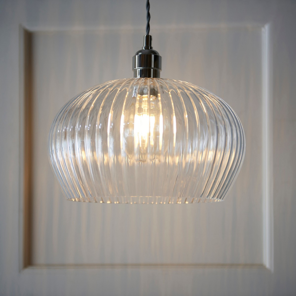 Merano Livorno Ribbed Glass Bright Nickel Plate Dome Pendant Ceiling Light Image 2