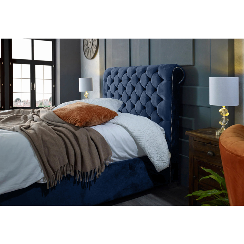 Eleganza Home Veneta Double Blue Plush Velvet Bed Frame with Chesterfield Headboard Image 2