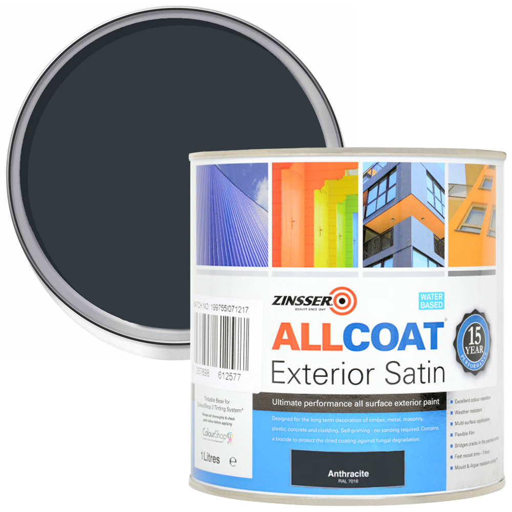 Zinsser Allcoat Anthracite Water Based Exterior Satin Paint 1L Image 1