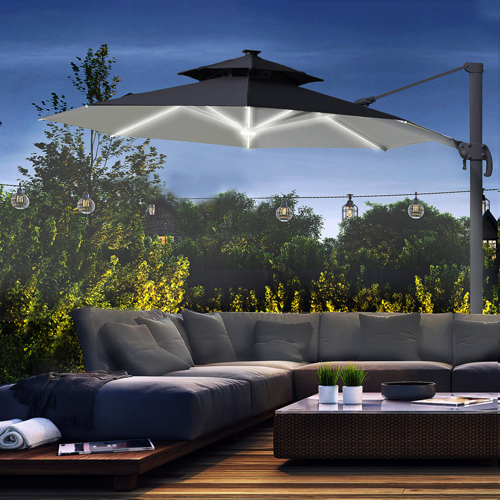 Outsunny Grey Solar LED Cantilever Banana Parasol with Cross Base 3m Image 2