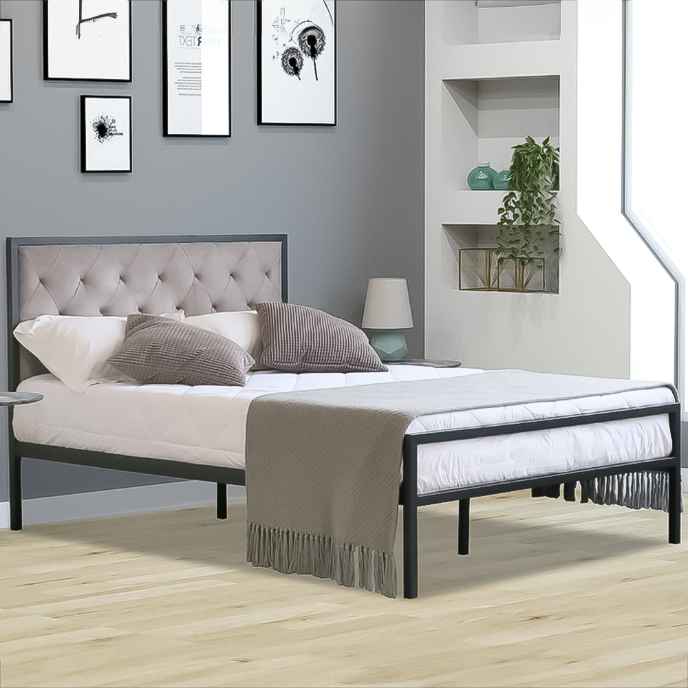 Brooklyn King Size Metal Bed Frame with Grey Plush Velvet Buttoned Headboard Image 1