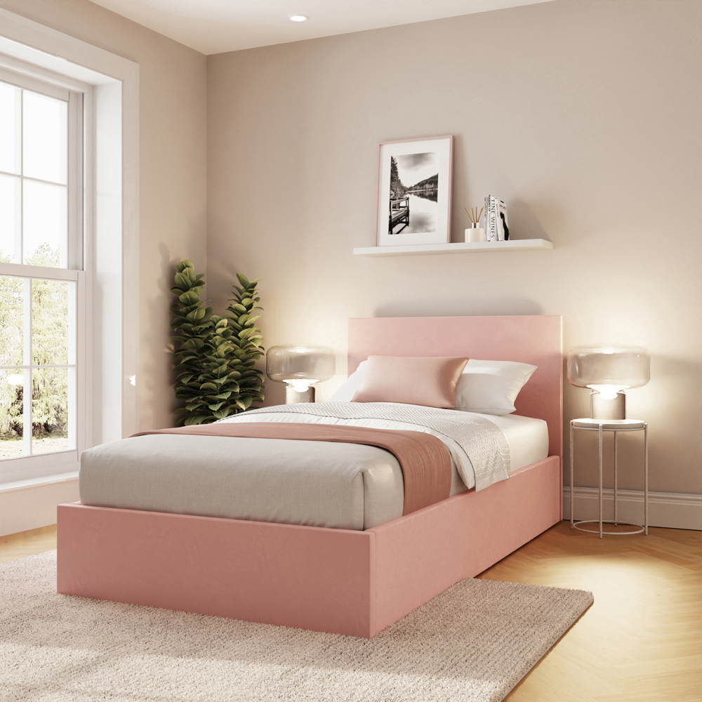 GFW Single Blush Pink Velvet End Lift Ottoman Bed with Memory Pocket Spring Mattress Image 8