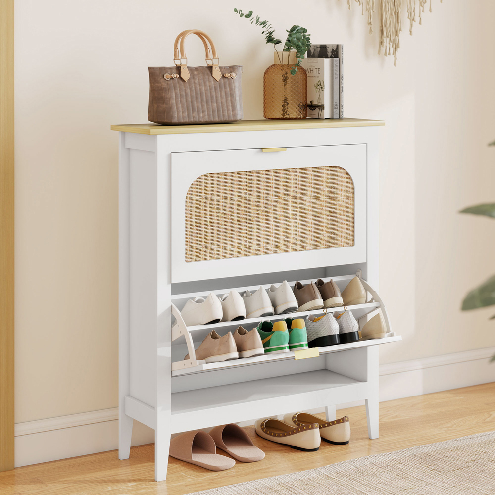 HOMCOM Boho 14 Pair White Rattan Slim Shoe Cabinet Image 2