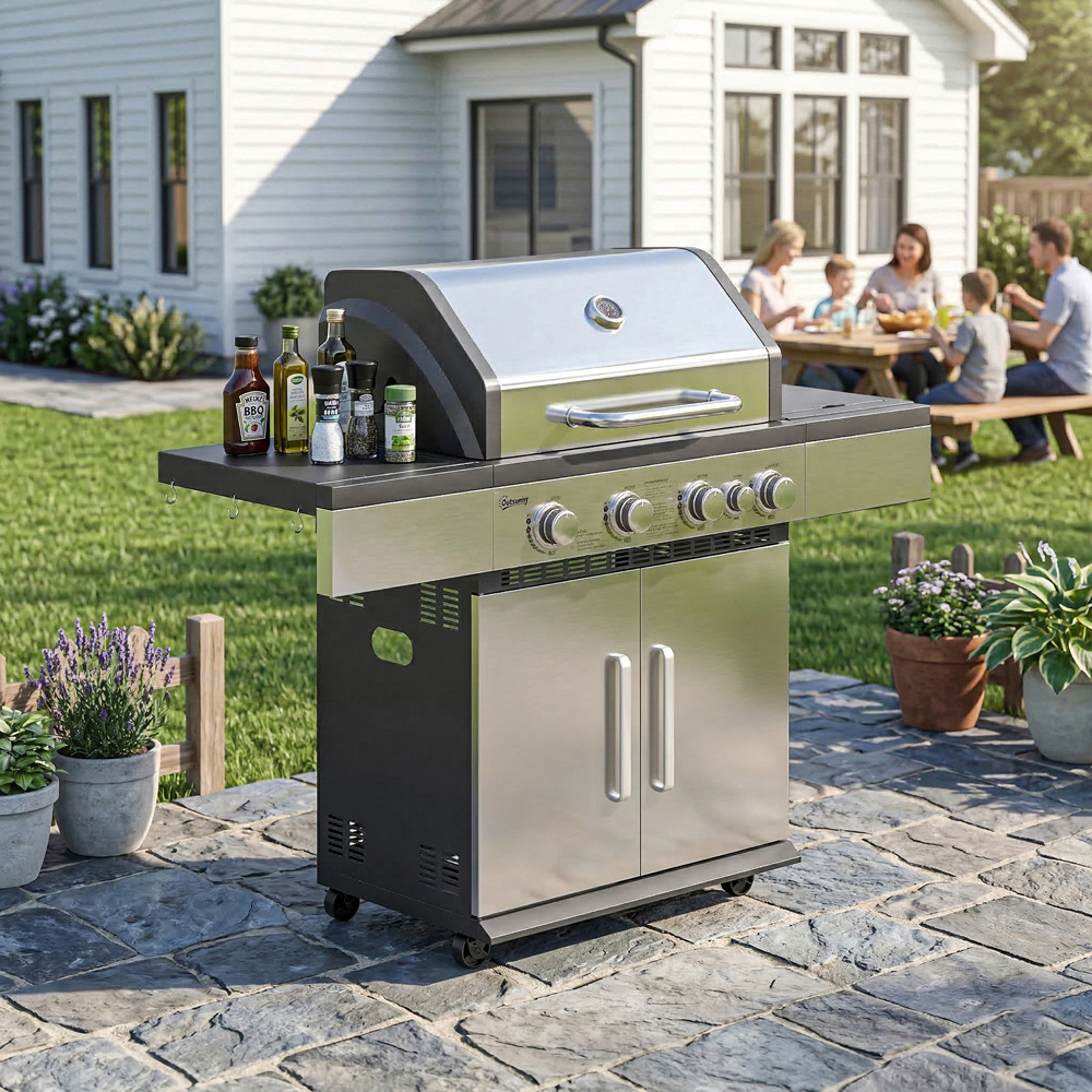 Outsunny Silver and Black 4+1 Burner Portable Gas BBQ Grill with Side Table Image 5