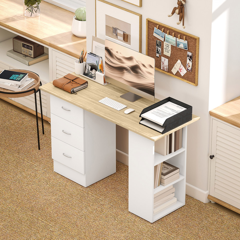 HOMCOM 3 Drawer 3 Shelf Computer Desk Natural Image 7