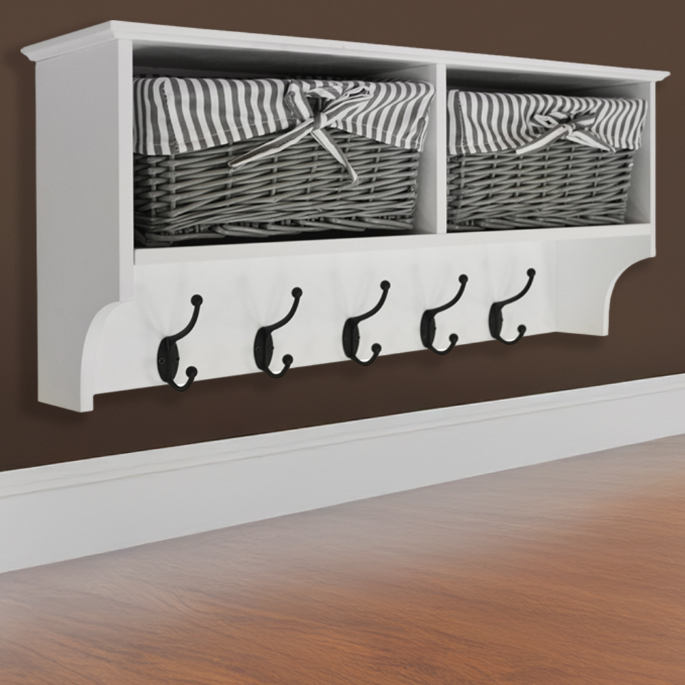 Watsons Hallway White and Grey Wall Storage Shelf with 2 Baskets and 5 Coat Hooks Image 1