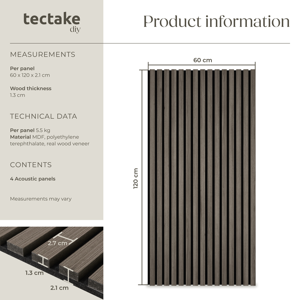 tectake Oak Grey Wood Effect Acoustic Wall Panel 4 Pack Image 8