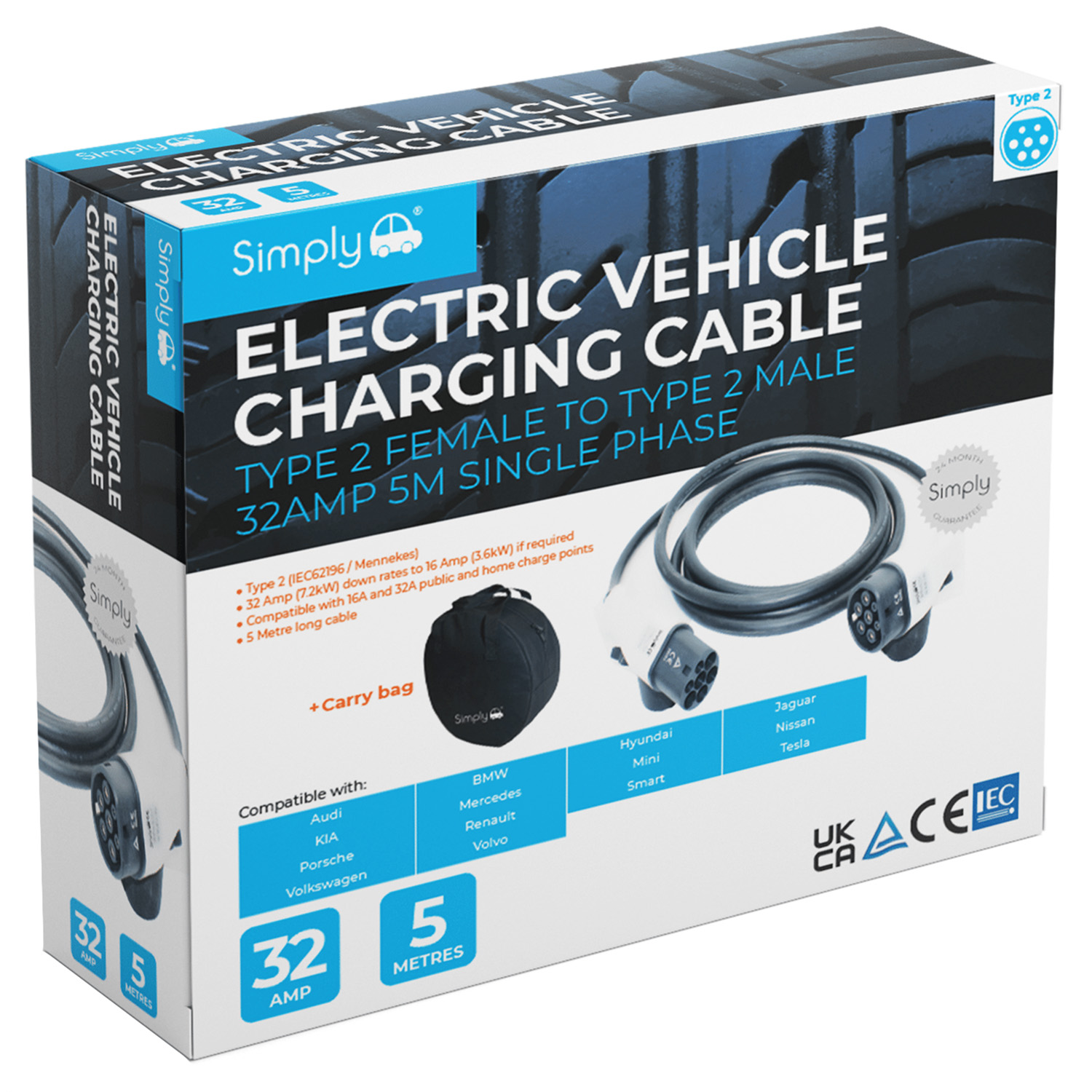 Electric Vehicle Charging Cable - Type 2 F to Type 2 M (Single Phase) Image 1