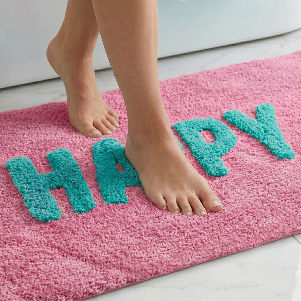 Allure Bath Fashions Pink and Turquoise Tufted Happy Slogan Bath Mat 50 x 80cm Image 3