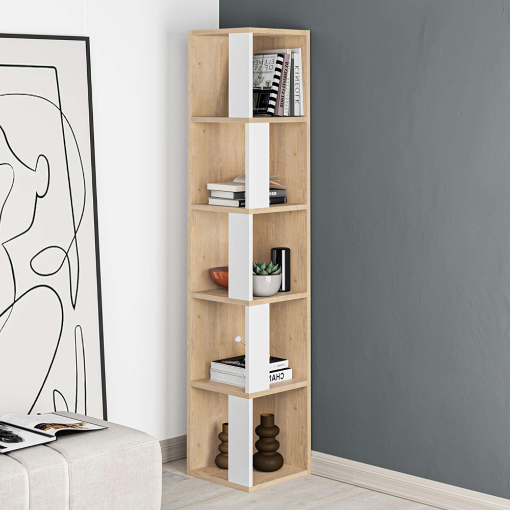 Decortie Piano Oak and White Tall Corner Bookcase Image 1