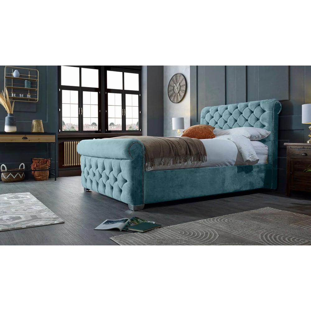 Eleganza Home Veneta Super King Size Duck Egg Plush Velvet Bed Frame with Chesterfield Headboard Image 5