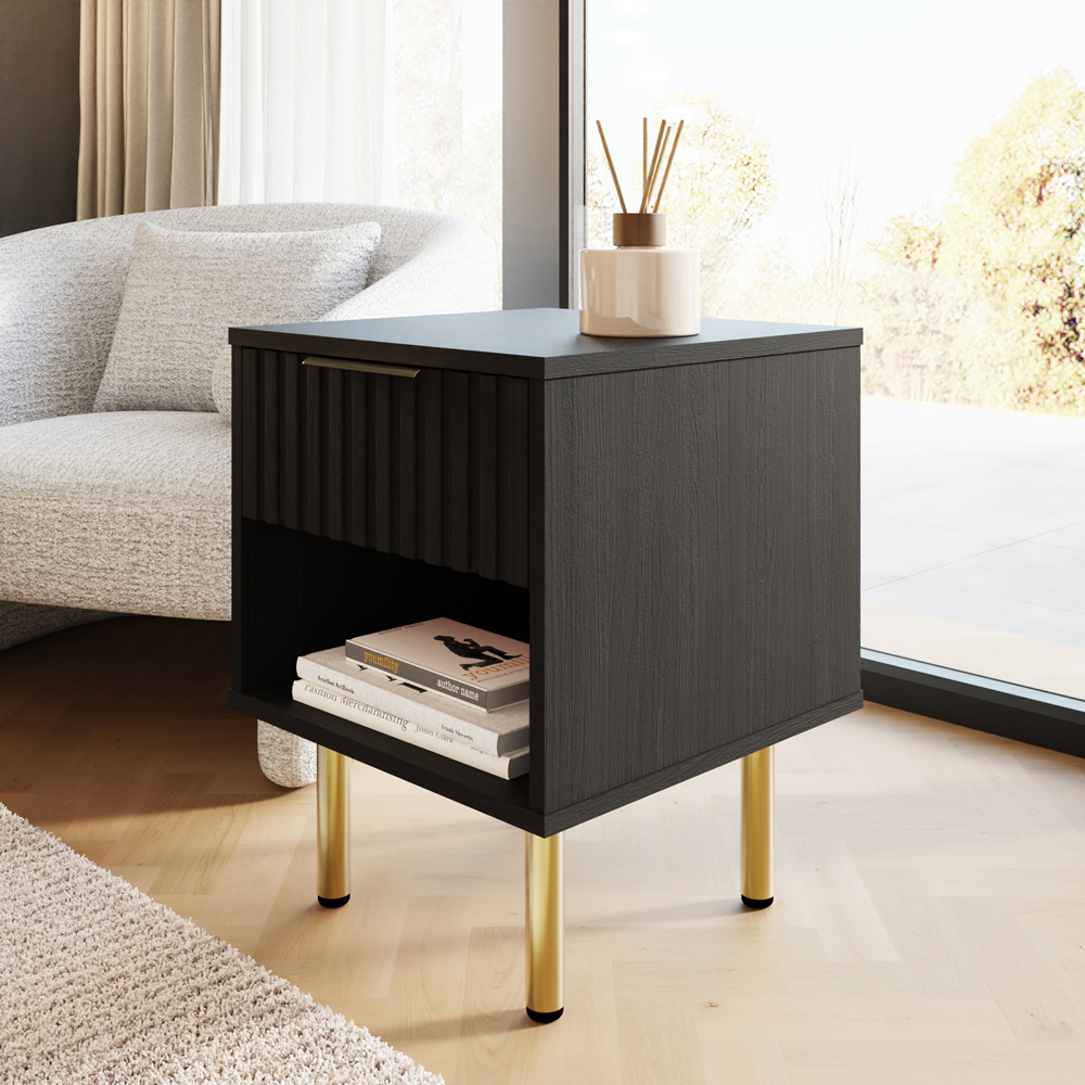 GFW Nervata Single Drawer Single Shelf Black Lamp Table Image 8