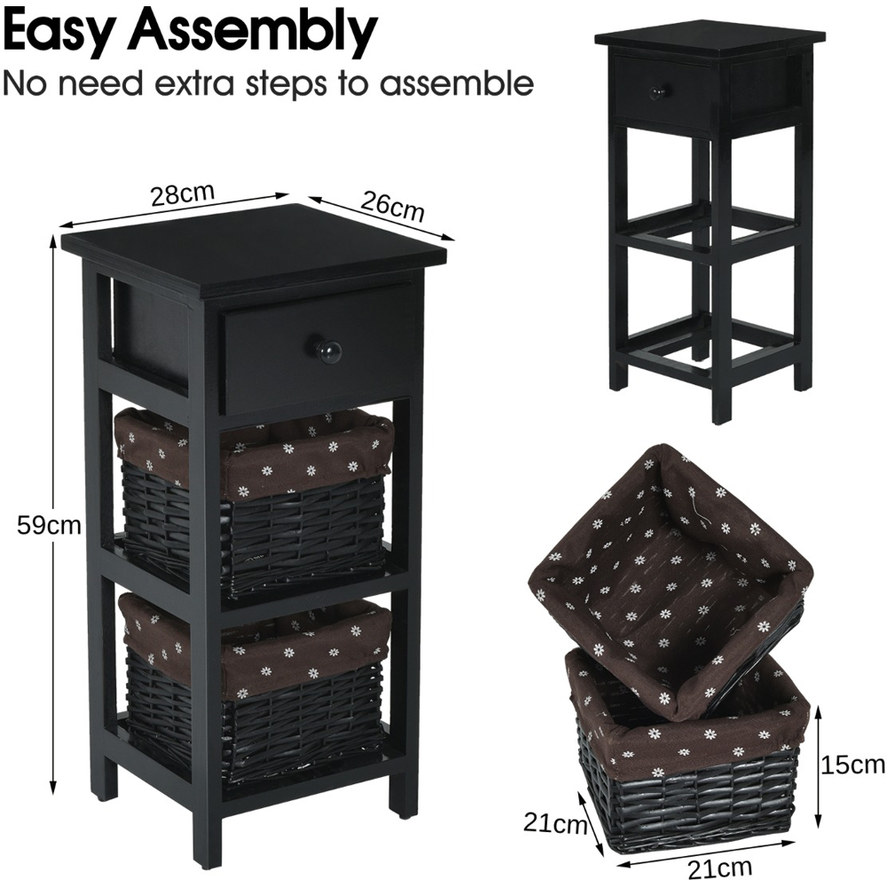 Costway Single Drawer 2 Shelf with Woven Basket Black Bedside Table Set of 2 Image 8