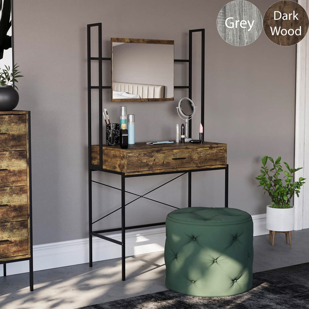 Vida Designs Brooklyn Single Drawer Dark Wood Industrial Vanity Dressing Table with Mirror Image 6