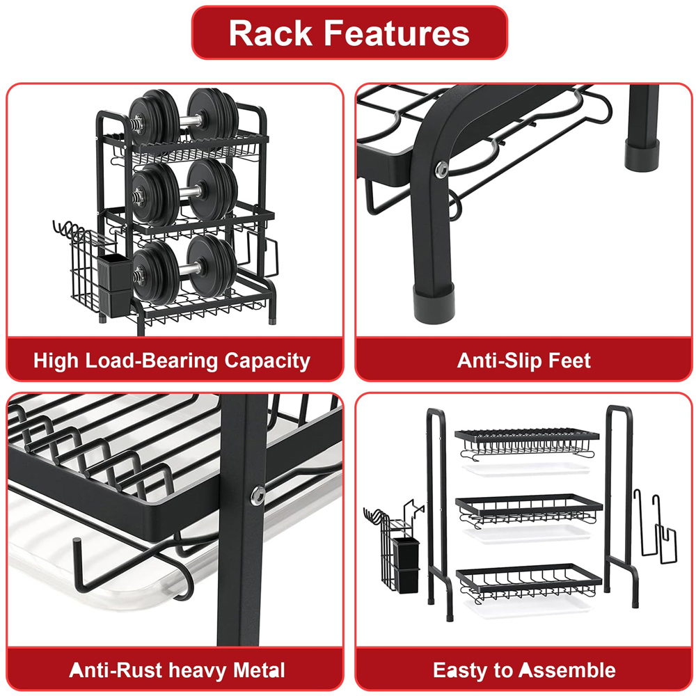 ATEK 3-Tier Black Dish Drying Rack with Drip Trays Cutlery and Chopping Board Holder Image 7