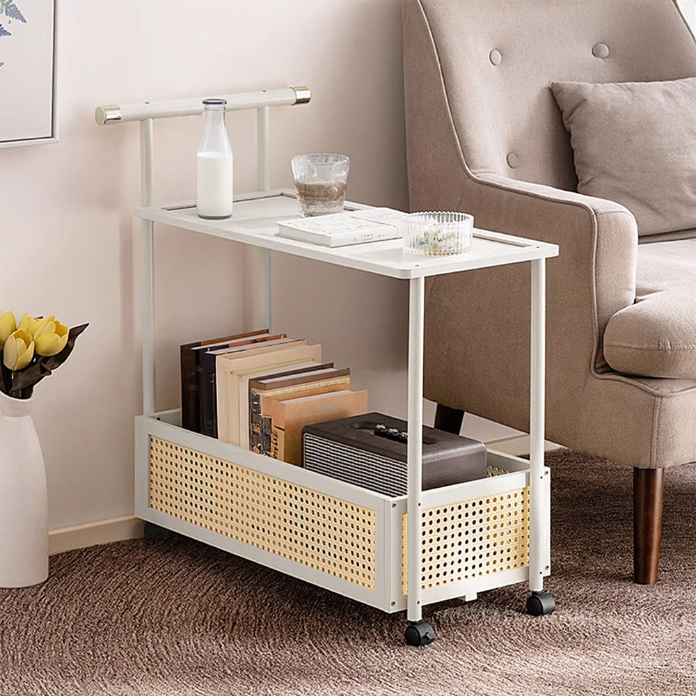 Living and Home 2-Tier Cream White Faux Rattan Side Table with Castors Image 1