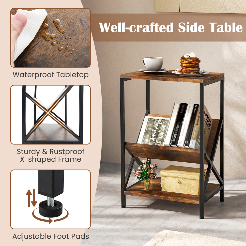 Costway 2 Shelf Rustic Brown V Shaped Side Table Image 6
