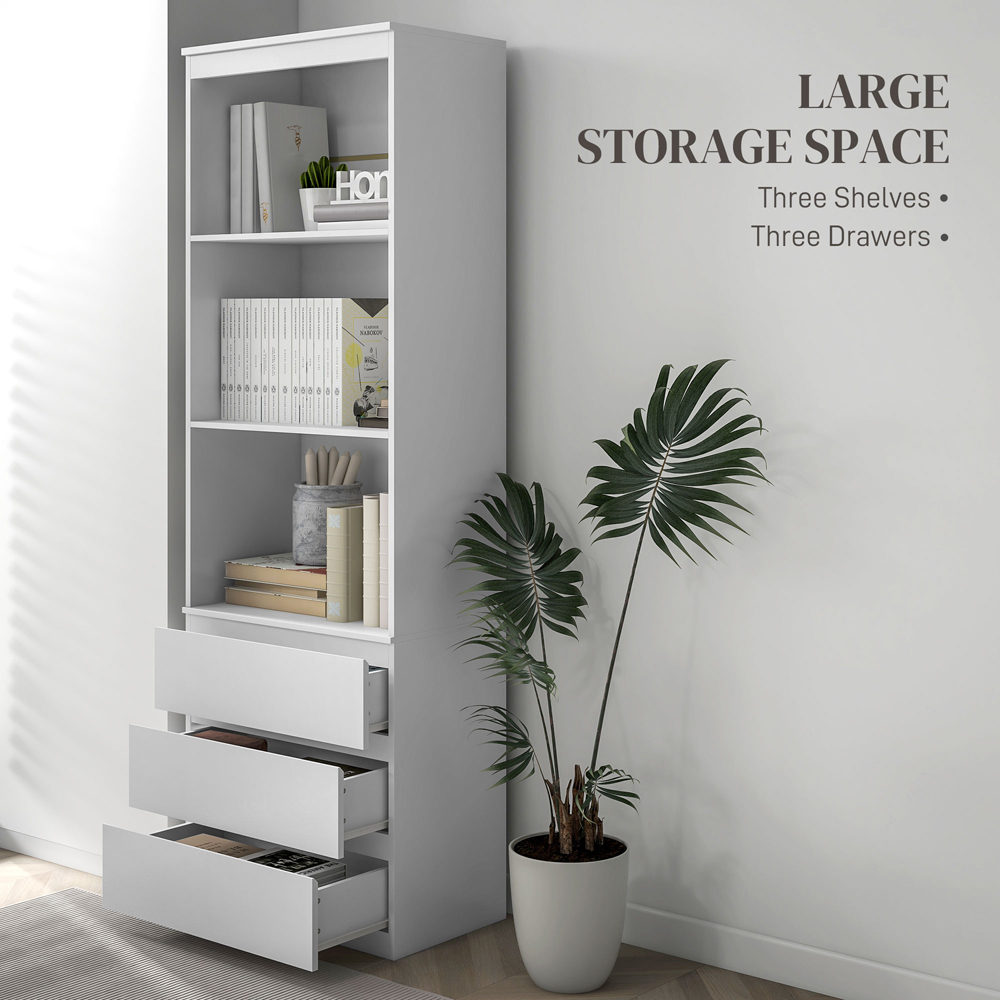 HOMCOM 3 Drawer 3 Shelf White Freestanding Tall Bookshelf Image 4