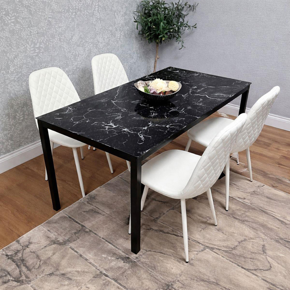 Portland 4 Seater Gem Pattern Faux Leather Marble Effect Tabletop Dining Set Black and White Image 4